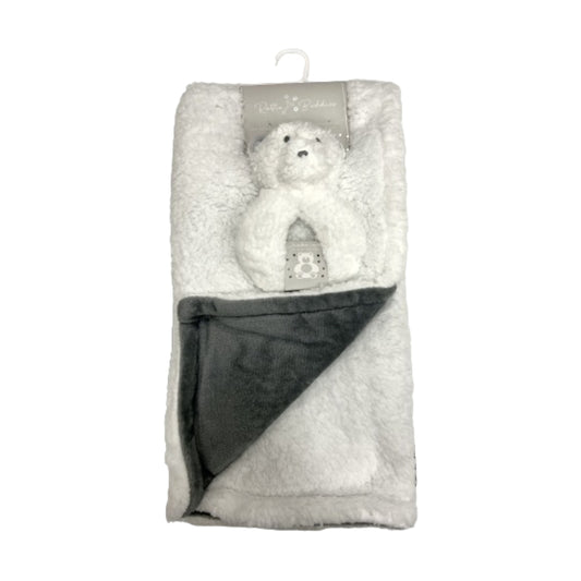 SL Home Fashions Rattle Buddies Flannel Sherpa Blanket with Toy - White Bear