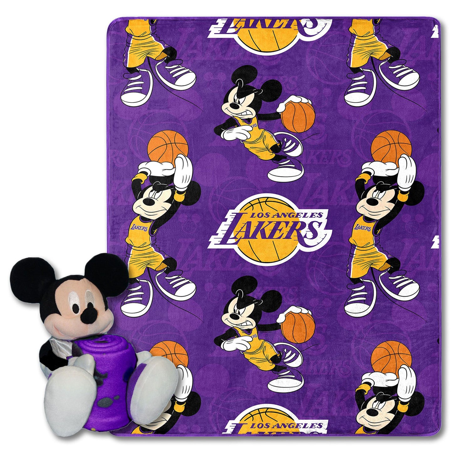 Northwest NBA Los Angeles Lakers Mickey Character Hugger Pillow and Silk Touch Throw Set, Multicolor
