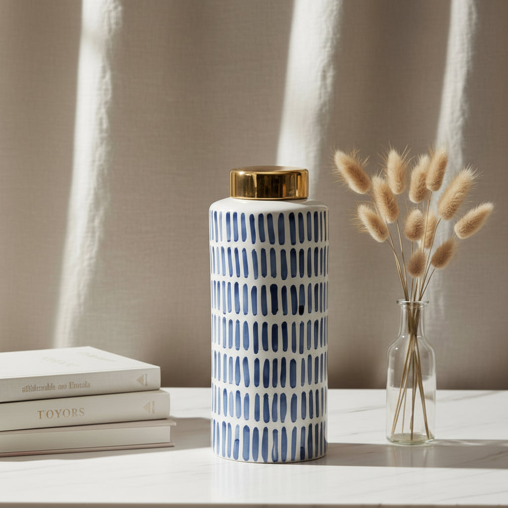 Sagebrook Home Transitional 13" Ceramic Jar with Gold Lid - Blue/White