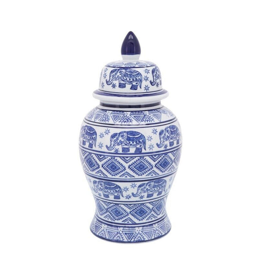 Sagebrook Home Contemporary 14" Ceramic Temple Jar with Elephant Pattern - White/Blue