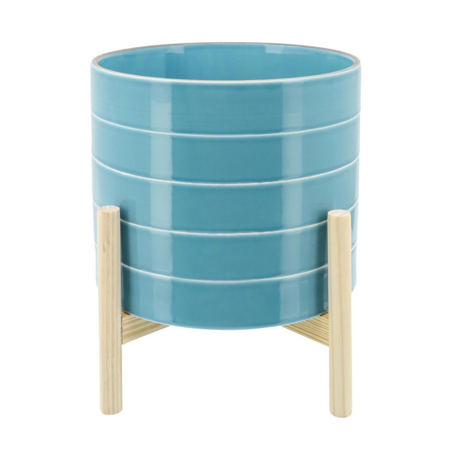 Jardinera contemporánea de cerámica a rayas de 10" con soporte de madera de Sagebrook Home - Azul cielo