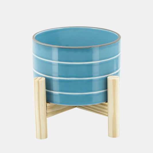 Sagebrook Home
 6" Striped Planter with Wood Stand - Sky Blue