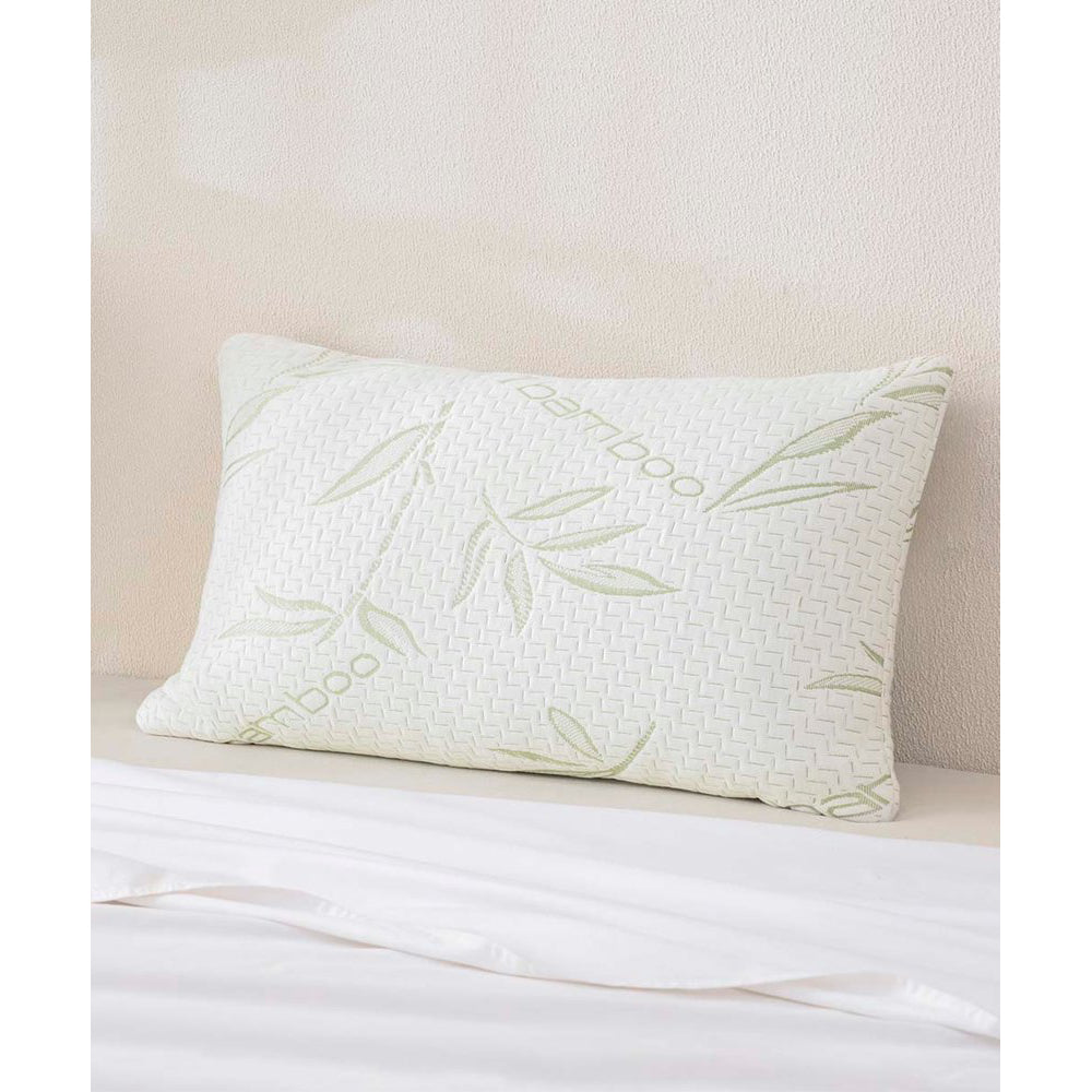 Spirit Linen Bamboo Memory Foam Pillow - White/Light Green Leaves