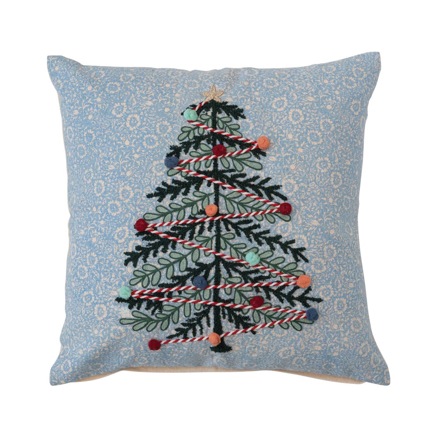 Creative Co-Op 18" Square Cotton Printed Slub Pillow with Christmas Tree - Multicolor