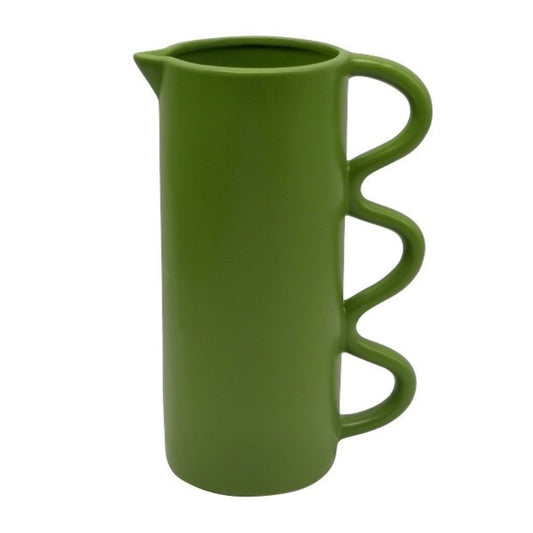 Three Hands 9.5" Cylindrical Ceramic Vase with Wavy Handles - Green