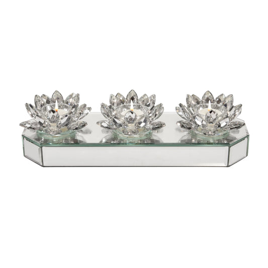 Sagebrook Home 13" Glass 3-Lotus Mirrored Candle Holder - Silver