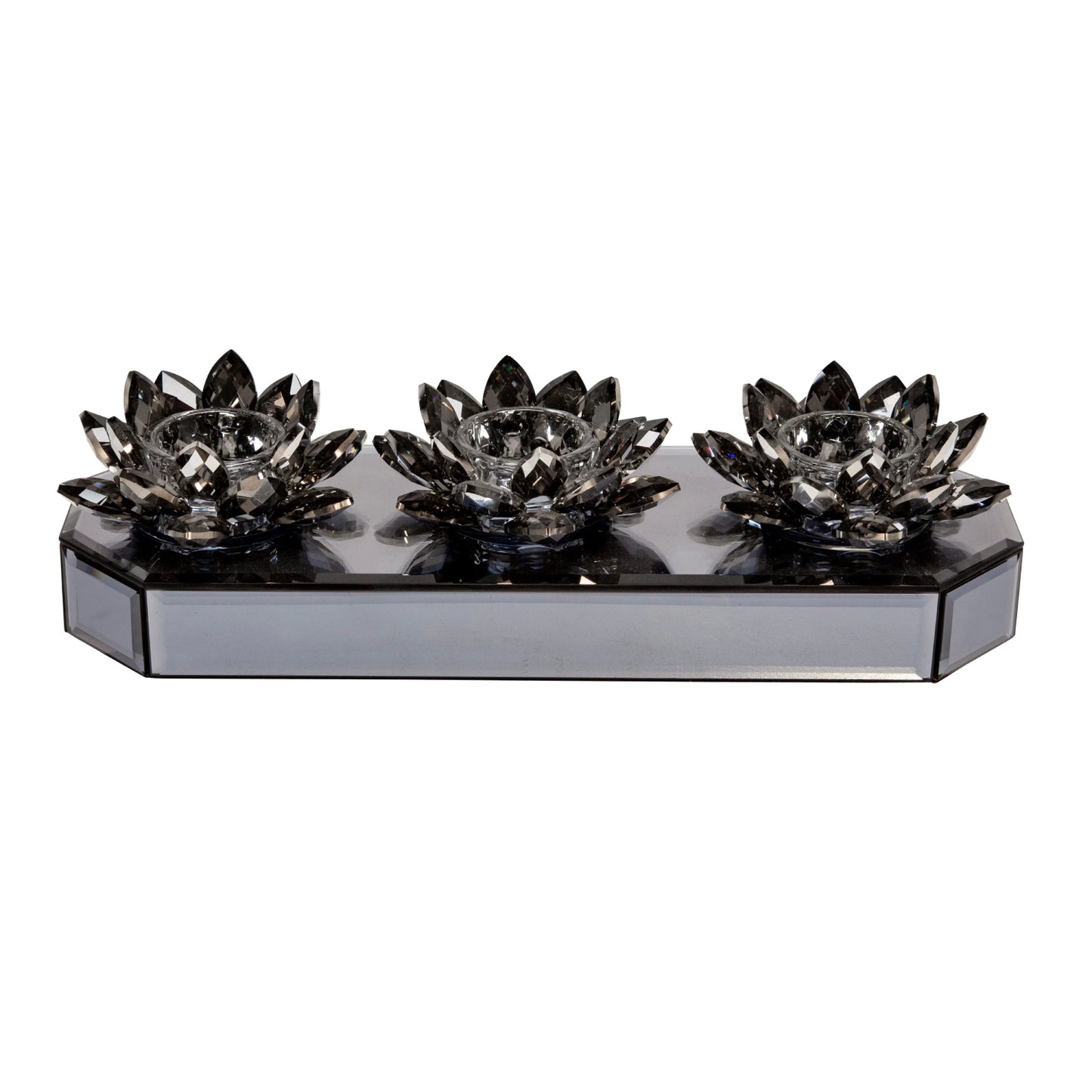 Sagebrook Home 13" Glass 3-Lotus Mirrored Candle Holder - Black