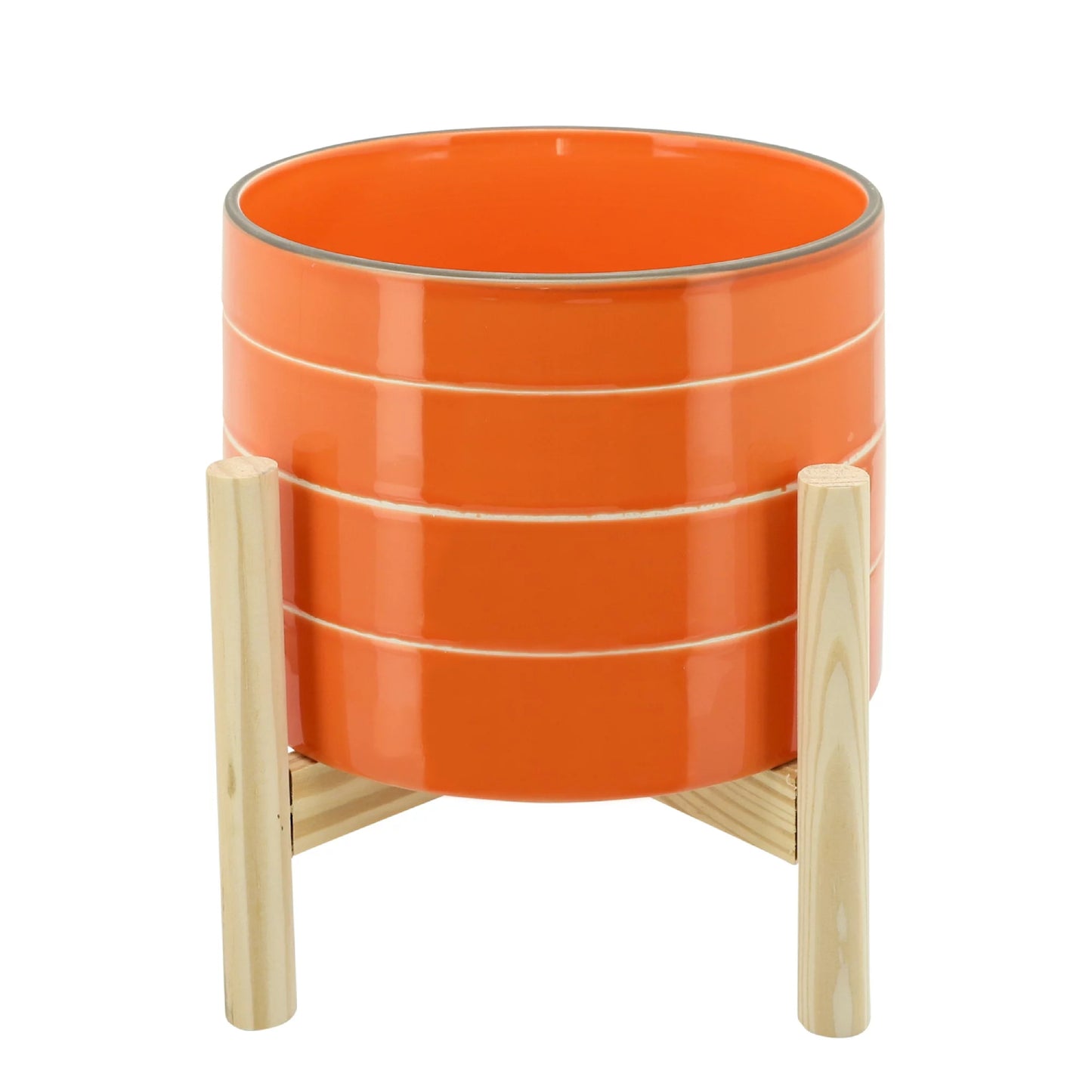 Jardinera de cerámica a rayas de 8" con soporte de madera de Sagebrook Home - Naranja