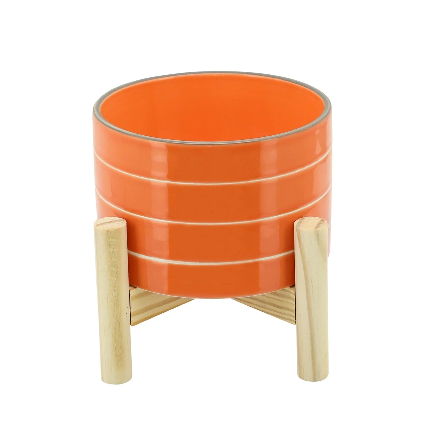 Jardinera de cerámica a rayas de 6" con soporte de madera de Sagebrook Home - Naranja