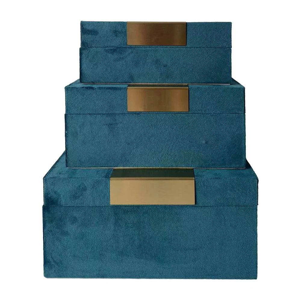 Cajas de almacenamiento decorativas Sagebrook Home (juego de 3) - Terciopelo verde azulado y dorado