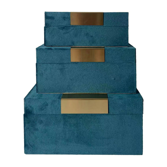 Sagebrook Home Decorative Storage Boxes (Set of 3) - Teal Green/Gold Velvet