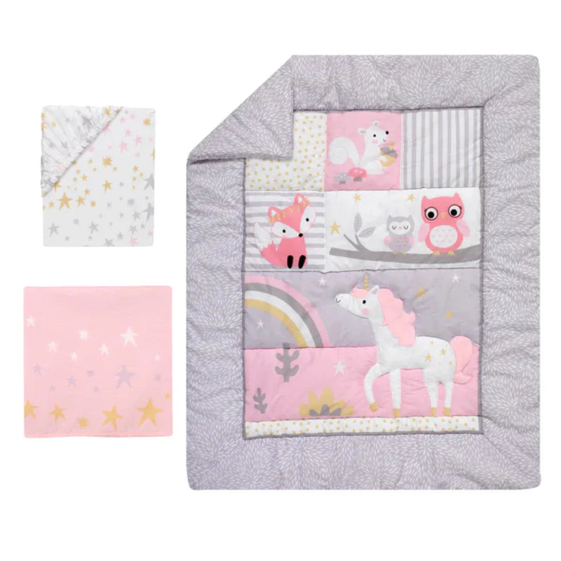 Bundle: Soho Baby Ellison Rustic White 4-in-1 Convertible Crib + Bedtime Originals Rainbow Unicorn and Fox Musical Baby Crib Mobile + Bedding Set + Diaper Stacker