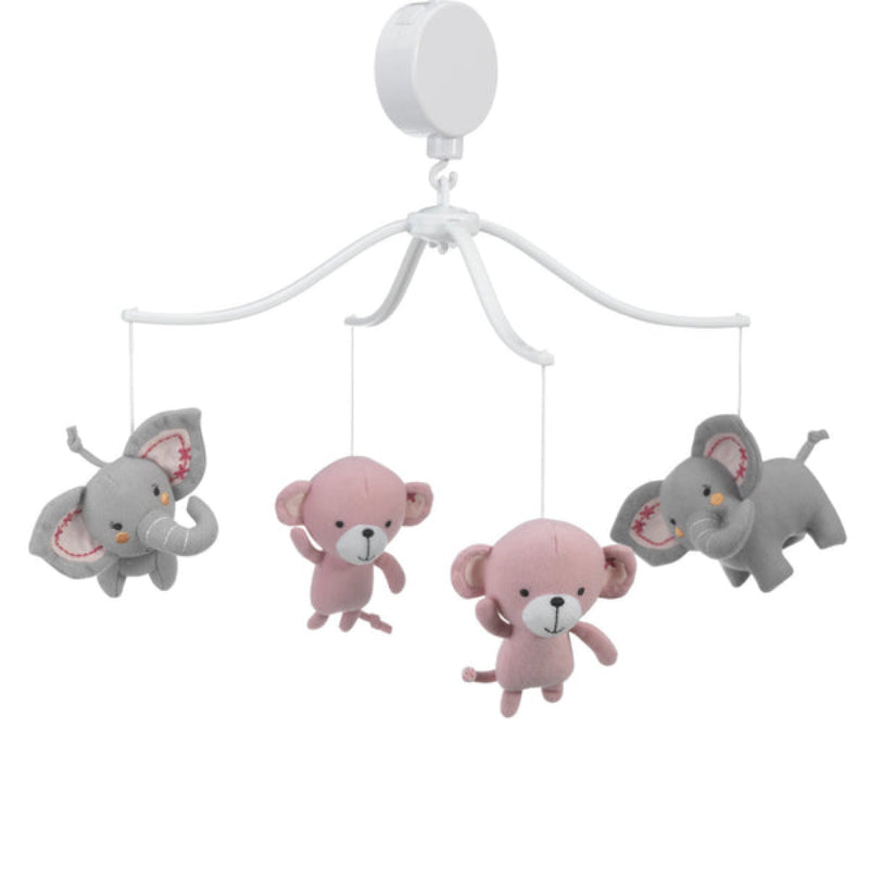 Móvil musical para cuna de bebé Twinkle Toes Monkey and Elephant de Bedtime Originals, rosa y gris