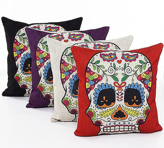 18" Retro Colorful Floral Sugar Skull Mexican Day of the Dead Linen Pillow Cushion Cover 4NS6 by L & J Art