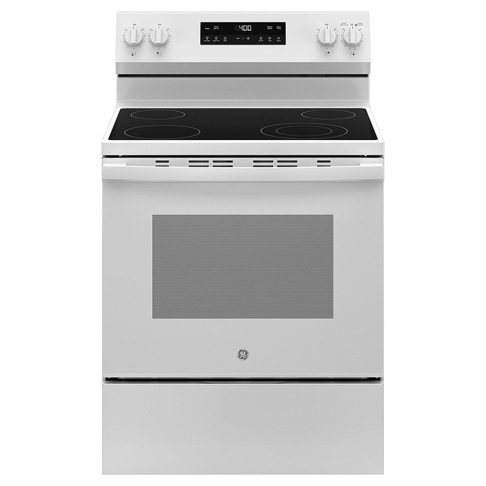 Cocina eléctrica independiente GE GRF400SVWW de 5,3 pies cúbicos con encimera radiante de 4 quemadores, color blanco