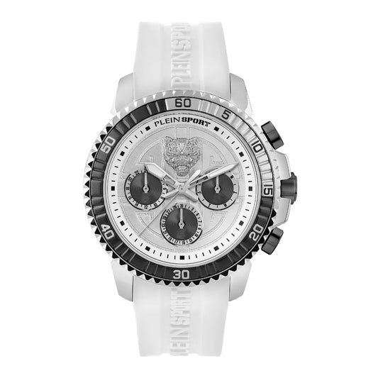 Reloj cronógrafo de cuarzo para hombre Plein Sport Powerlift de 45 mm con correa blanca y esfera plateada