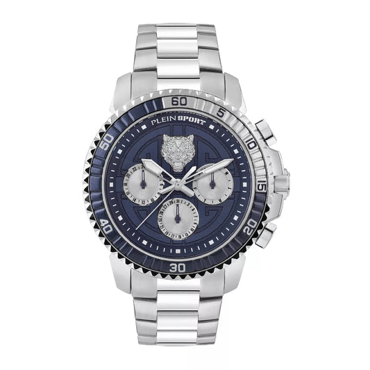 Reloj cronógrafo de cuarzo para hombre Plein Sport Powerlift de 45 mm con correa plateada y esfera azul