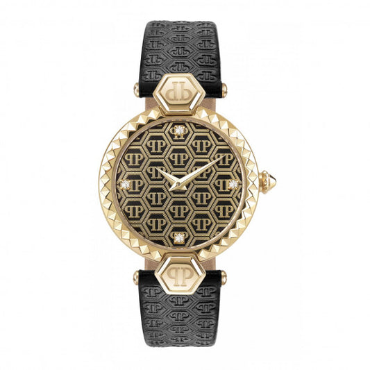 Philipp Plein Couture Women's 32mm Quartz Black Strap Watch - Yellow Gold Dial