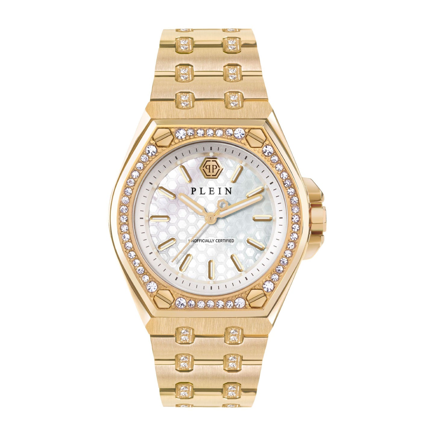 Reloj Philipp Plein Extreme Crystal para mujer, pulsera de oro amarillo de 38 mm con tres manecillas y esfera blanca