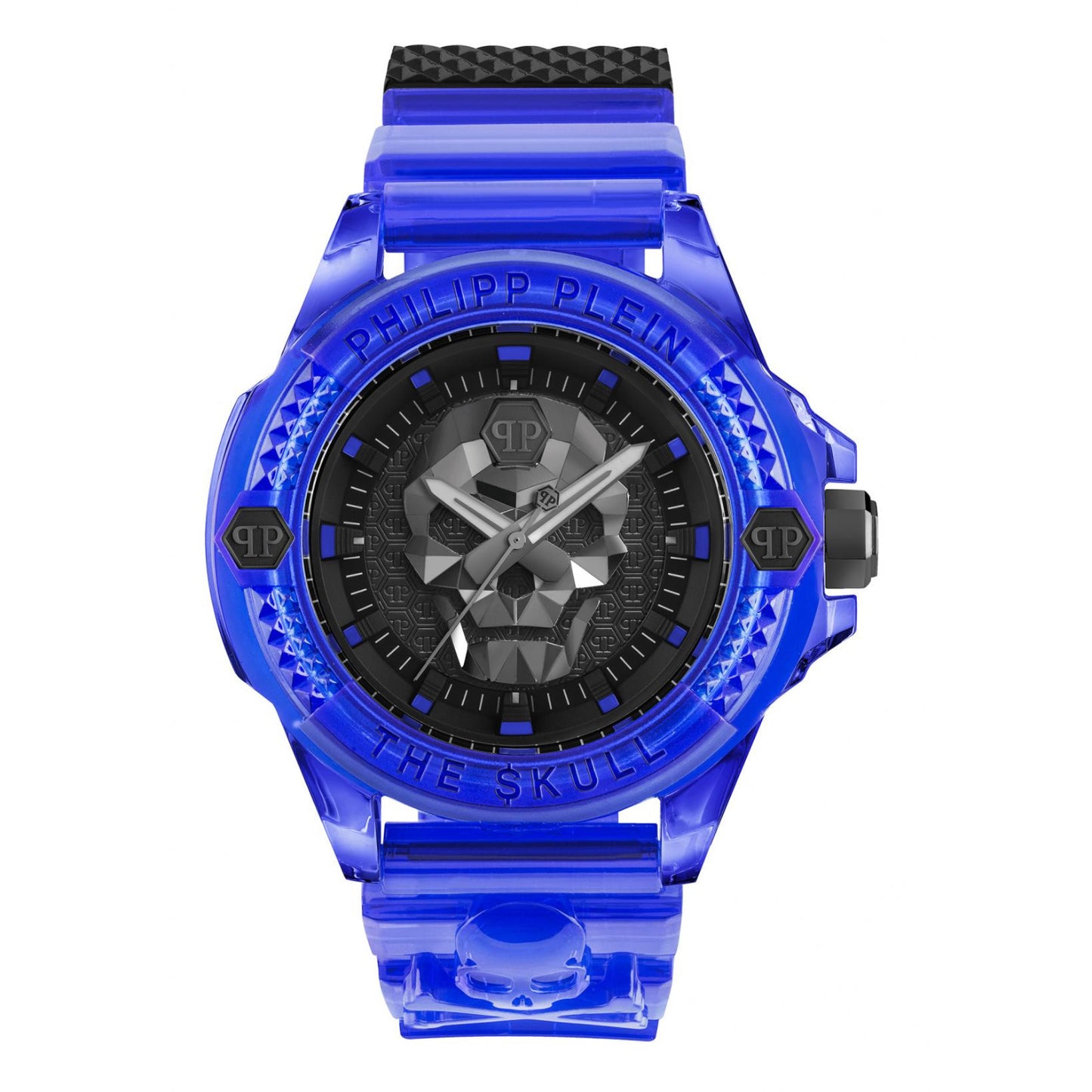 Reloj de hombre Philipp Plein The Skull de 45 mm con correa azul y tres manecillas, esfera negra