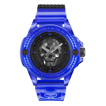 Reloj de hombre Philipp Plein The Skull de 45 mm con correa azul y tres manecillas, esfera negra