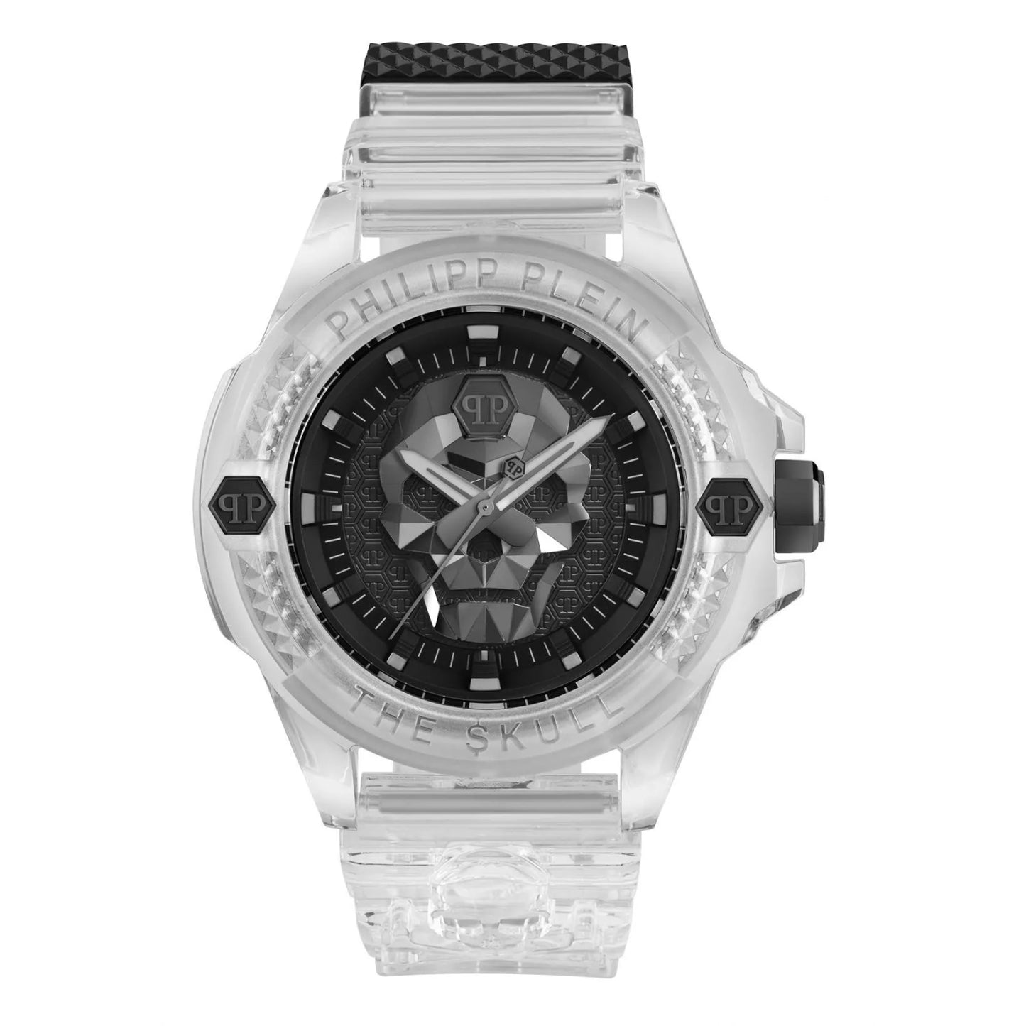 Reloj de hombre Philipp Plein The Skull de 45 mm con correa blanca y tres manecillas, esfera negra