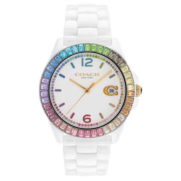 COACH Greyson Rainbow Crystal Accents and White Ceramic Bracelet Watch
