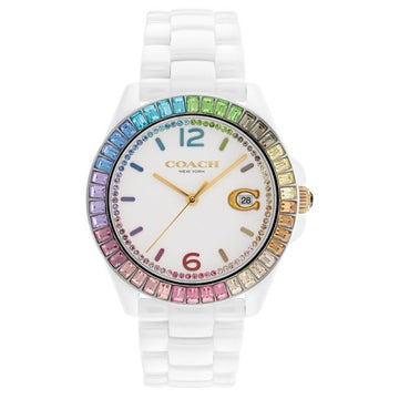COACH Greyson Rainbow Crystal Accents and White Ceramic Bracelet Watch