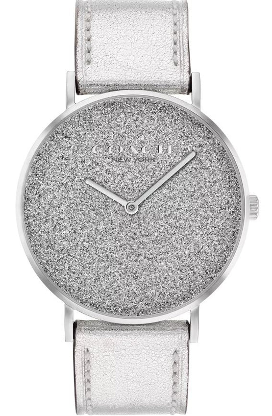 Reloj Coach Perry con correa de cuero en tono plateado para mujer