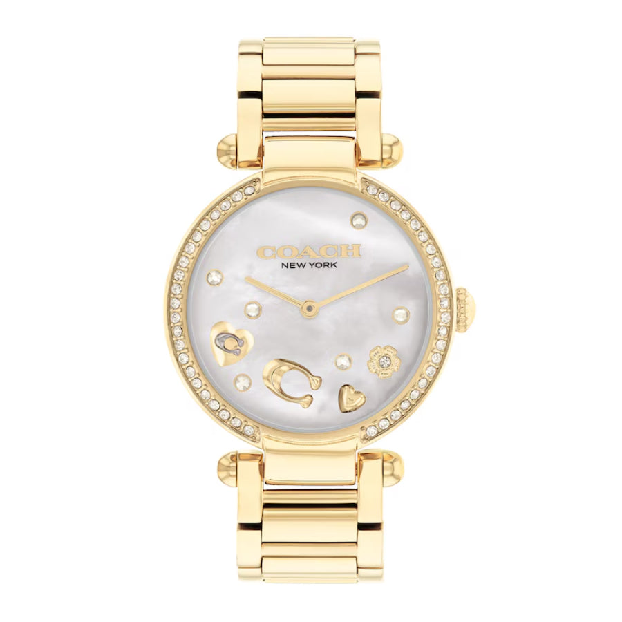 Reloj de pulsera dorado de 34 mm para mujer Coach Cary con esfera de nácar