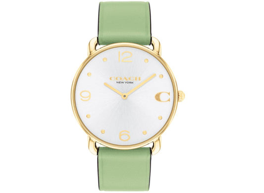 Reloj de 36 mm con correa de piel verde pistacho y esfera con efecto rayos de sol en color blanco Elliot de Coach