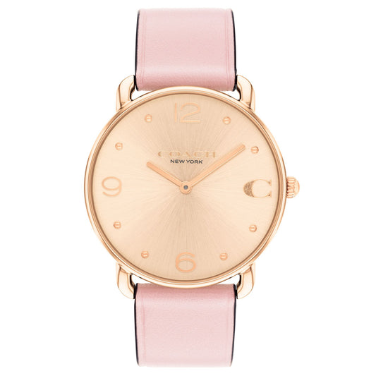 Reloj de 36 mm con correa de piel color rosa ruborizada y esfera en tono dorado rosa de Coach Elliot