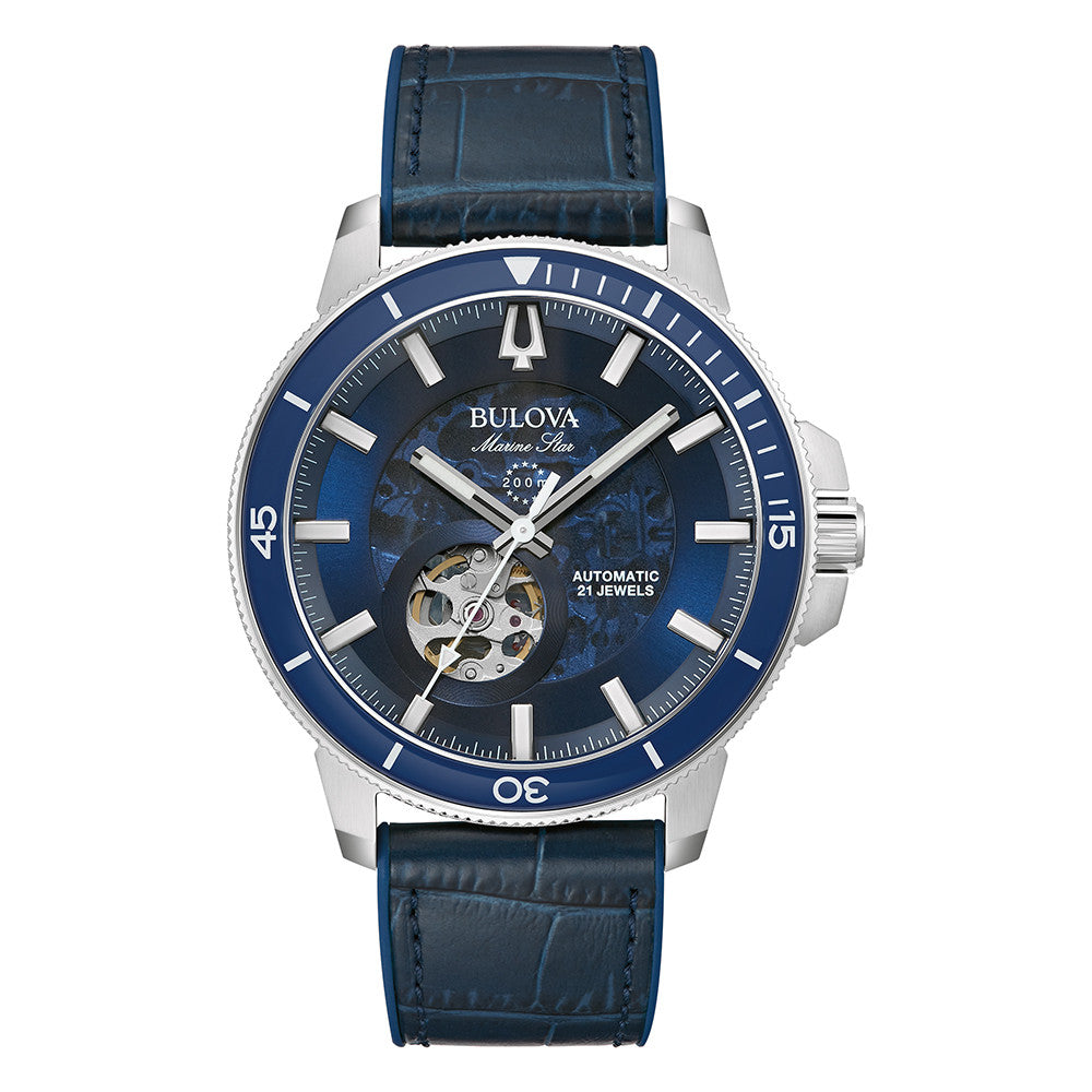 Bulova Marine Star Men's 45mm Leather Strap Watch - Blue Dial