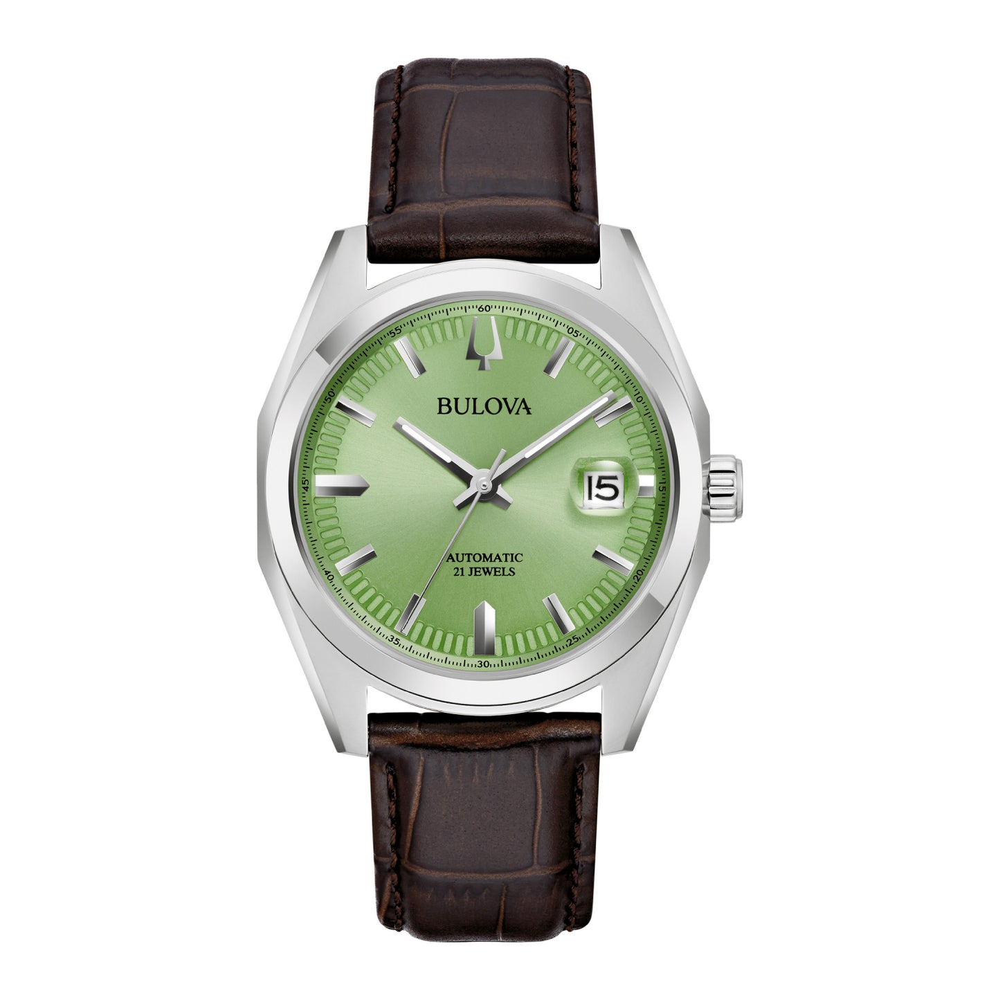 Reloj automático Bulova Surveyor para hombre, correa marrón de 39 mm y esfera verde