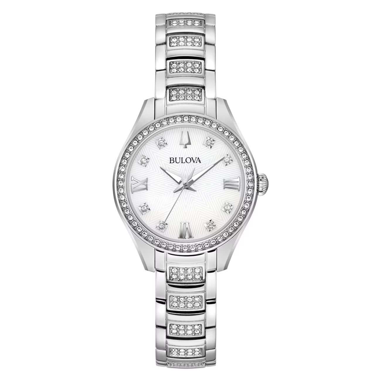 Reloj de pulsera de acero inoxidable para mujer Bulova Crystal de 28,5 mm con esfera blanca