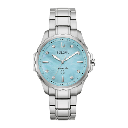 Reloj de pulsera plateado Bulova Marine Star para mujer de 36 mm con esfera azul