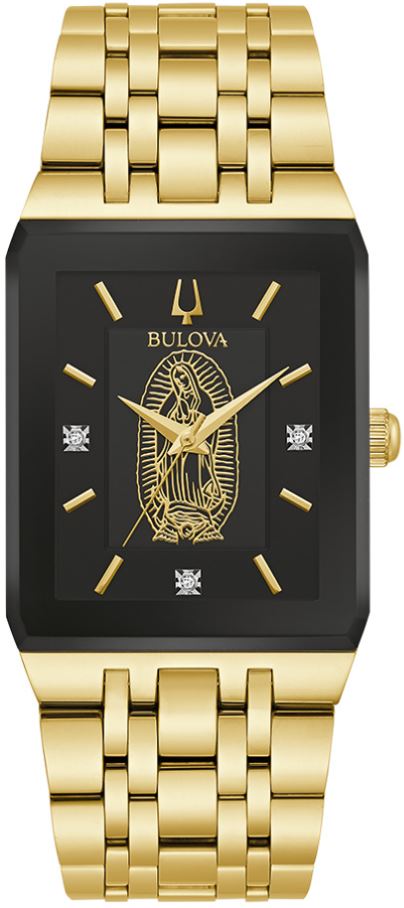 RELOJ BULOVA CUSTOM “LADY OF GUADALUPE” PARA CABALLERO CON ESFERA NEGRA Y ACENTOS DE DIAMANTES 97D130