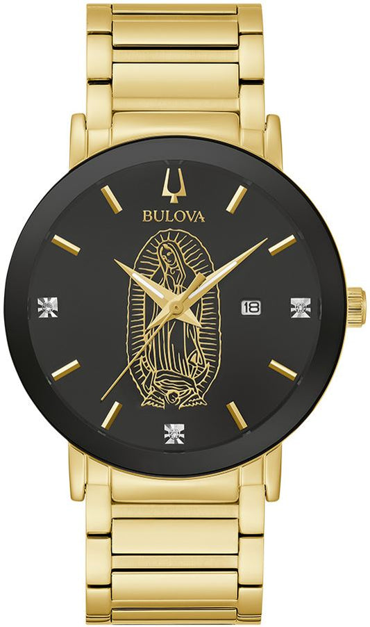 Reloj para hombre Bulova con esfera Guadalupe en tono dorado y negro y 3 diamantes - 97D134