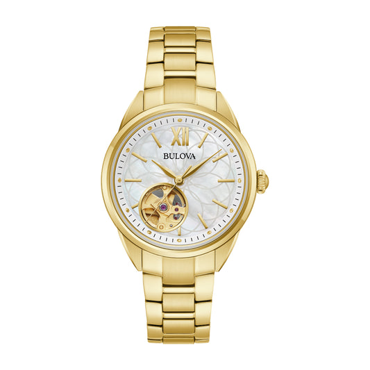 Reloj automático Bulova Sutton para mujer, de 34 mm, con pulsera dorada y esfera de nácar