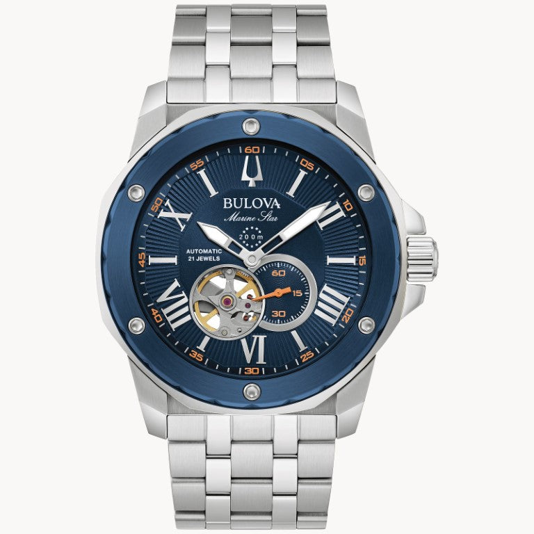 Reloj automático de acero inoxidable Bulova Marine Star para hombre, 44 mm, esfera azul