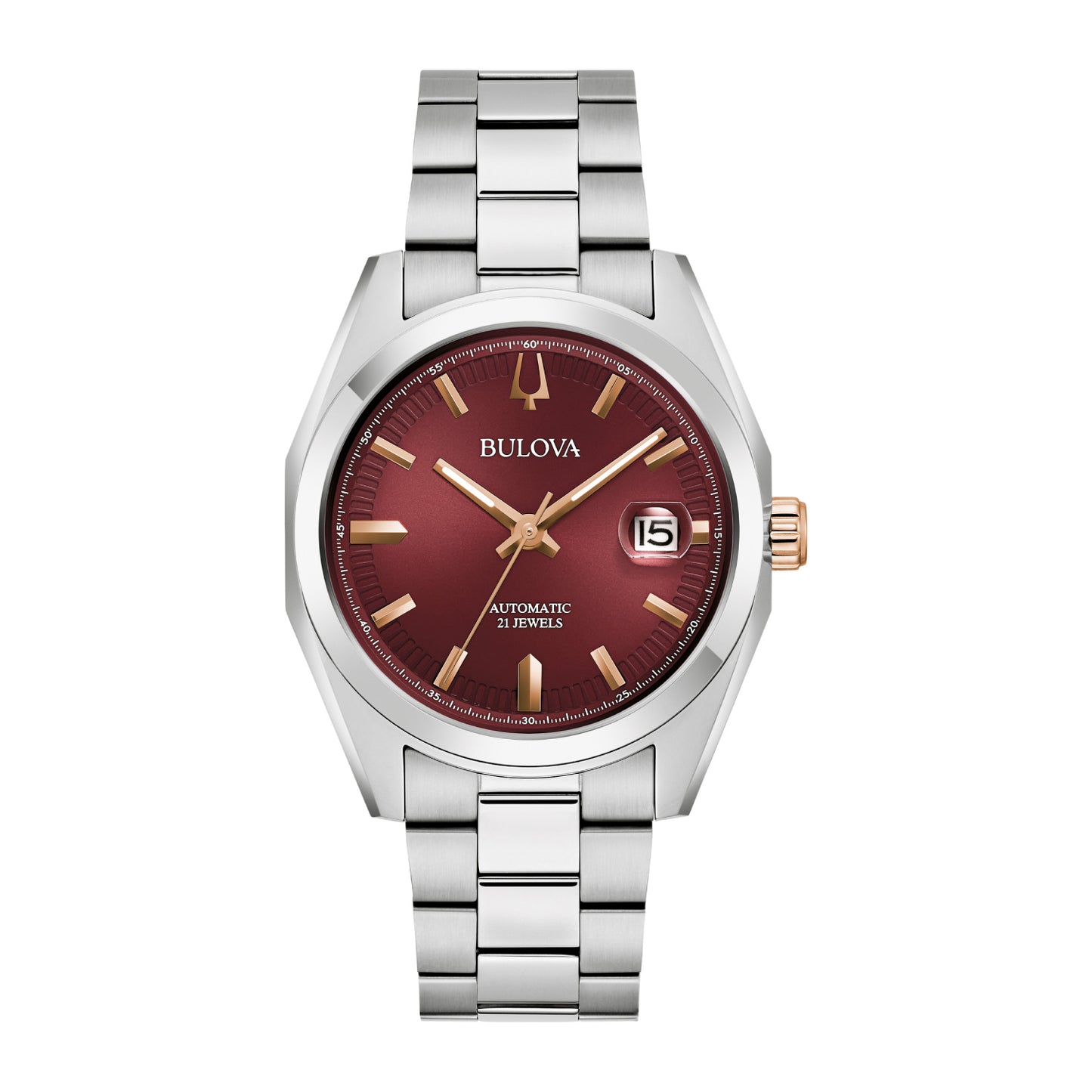 Bulova Surveyor Automatic Men's 39mm Silver Bracelet Watch - Burgundy Dial