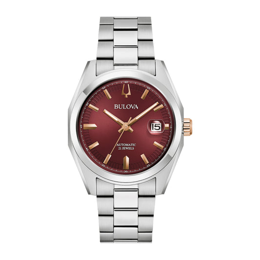 Reloj automático para hombre Bulova Surveyor de 39 mm con pulsera plateada y esfera color burdeos