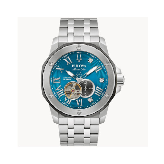 Reloj de pulsera de plata con dos manecillas Bulova Marine Star Marc Anthony para hombre, 45 mm, esfera azul