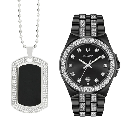 Bulova Crystal Collection Black Dial Two Tone Steel Strap Watch Set