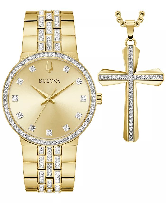 Bulova Crystal Men's 40mm Stainless Steel Bracelet Watch with Boxed Set - Gold