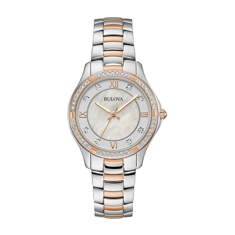 Reloj de cuarzo de dos tonos para mujer Bulova Crystal de 33 mm con esfera blanca