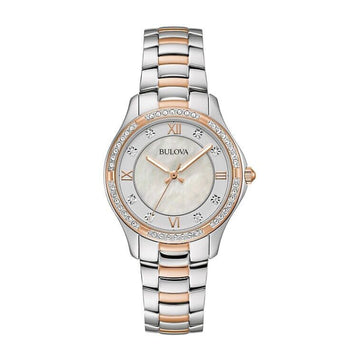 Reloj de cuarzo de dos tonos para mujer Bulova Crystal de 33 mm con esfera blanca