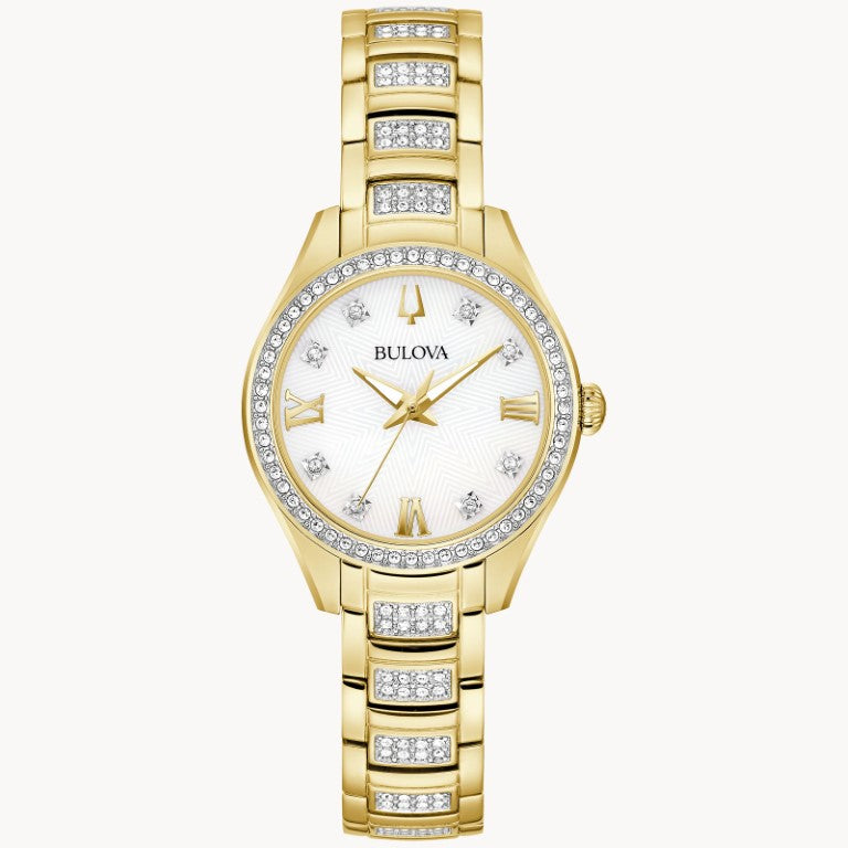 Reloj de cuarzo de dos tonos con pulsera de acero inoxidable para hombre Bulova Crystal de 28,5 mm, esfera blanca