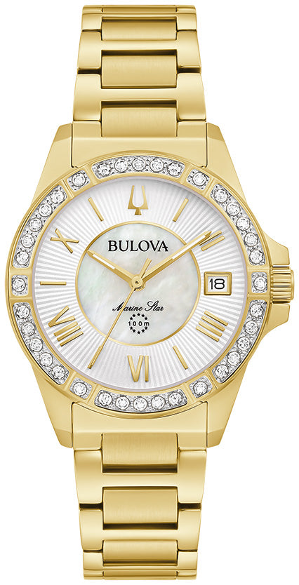 Reloj de cuarzo dorado con pulsera de acero inoxidable Bulova Marine Star para mujer, 32 mm, esfera blanca 