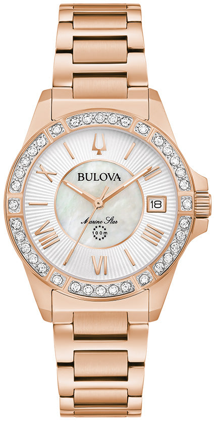 Reloj de cuarzo Bulova Marine Star para mujer, de 32 mm, en tono oro rosa y acero inoxidable, con esfera blanca